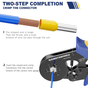 Two-step crimping guide for Haisstronica tool: insert connectors into correct wire gauge grooves (AWG 23-7).