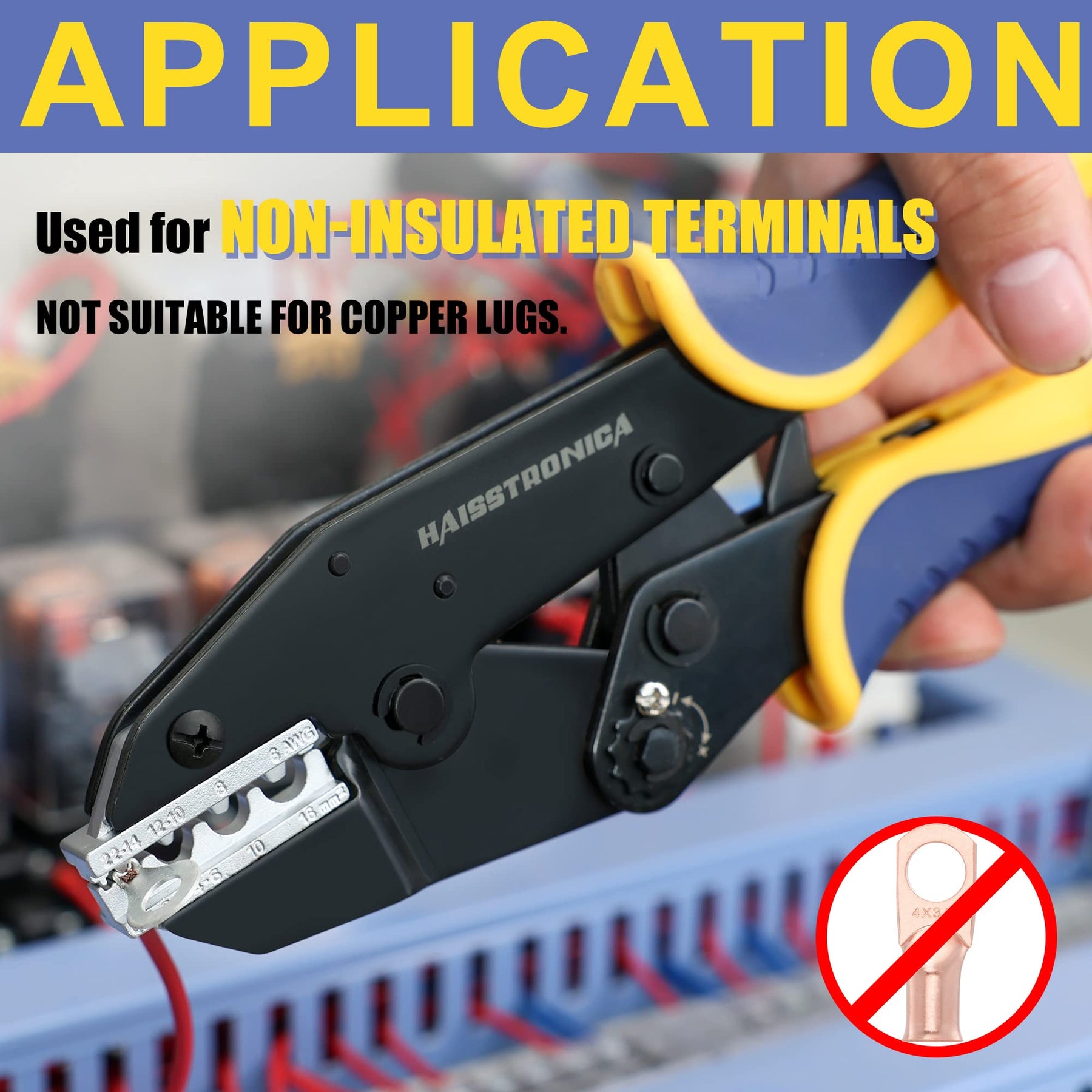 Haisstronica non-insulated terminal crimping pliers (AWG 22-6), ratchet design, suitable for non-insulated terminals.