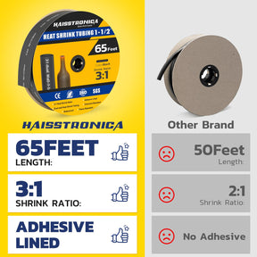 Haisstronica black heat shrink tubing (1-1/2", 65ft) – 3:1 ratio, adhesive-lined, and chemical-proof.