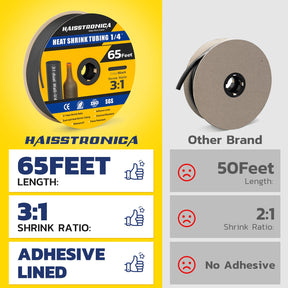 Haisstronica 1/4" black heat shrink tubing, 65 feet, flame-resistant, 3:1 ratio for high-heat environments.