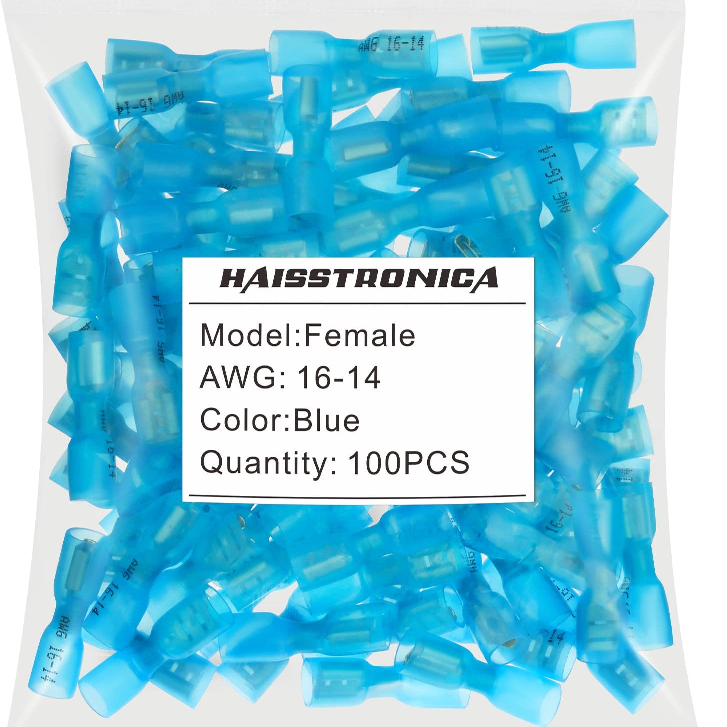 Haisstronica electrical connectors with heat shrink, 100PCS blue female terminals for AWG 16-14.