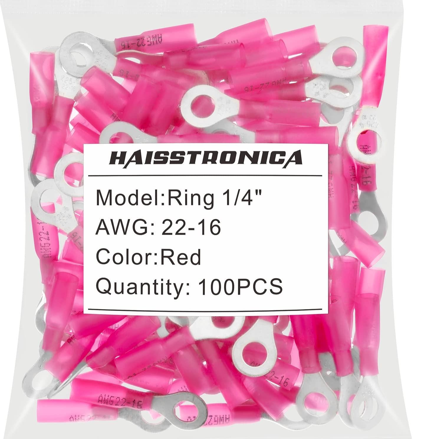 Haisstronica heat shrink ring terminal connectors (1/4", Red, 22-16AWG, 100PCS) for automotive and marine use.