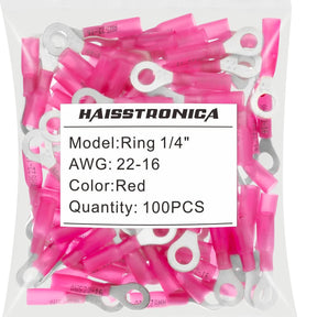 Haisstronica heat shrink ring terminal connectors (1/4", Red, 22-16AWG, 100PCS) for automotive and marine use.