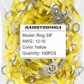 Haisstronica heat shrink ring terminal connectors (Yellow, Ring 3/8", 12-10AWG, 100PCS) for heavy-duty industrial and marine wiring.