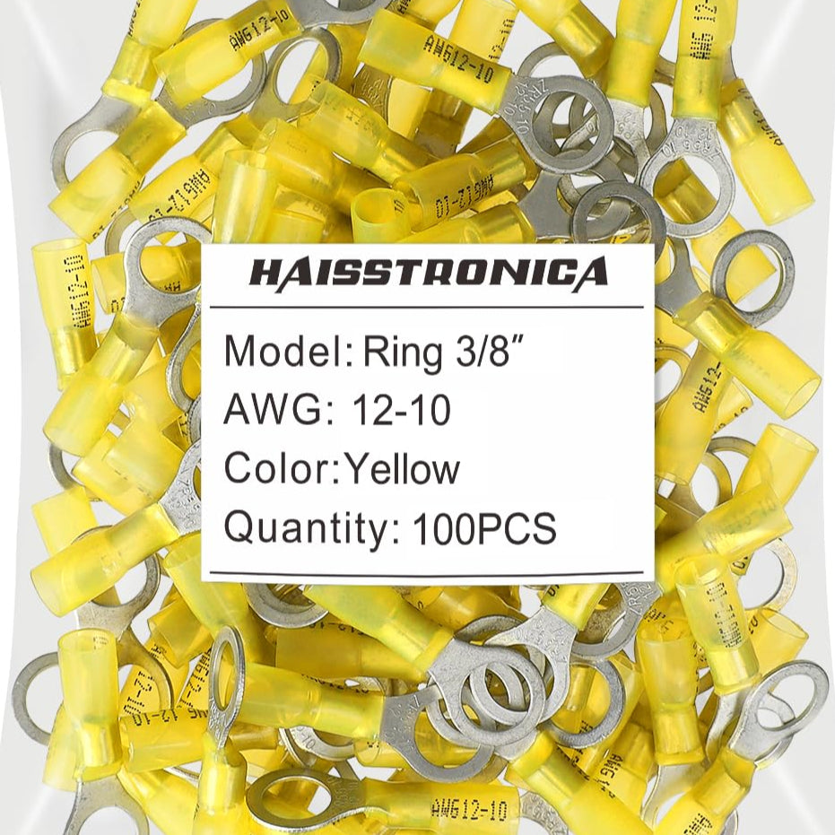 Haisstronica heat shrink ring terminal connectors (Yellow, Ring 3/8", 12-10AWG, 100PCS) for heavy-duty industrial and marine wiring.