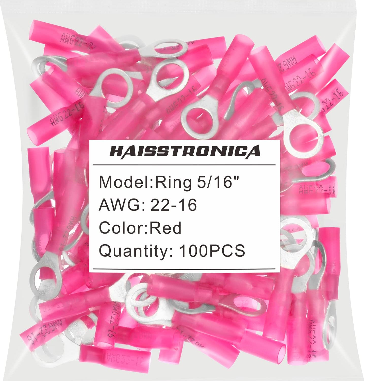 Haisstronica crimp heat shrink terminals (5/16", Red, 22-16AWG, 100PCS) with 3:1 shrink ratio for durability.