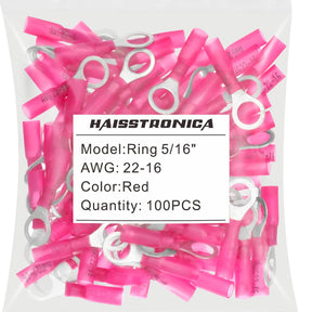 Haisstronica crimp heat shrink terminals (5/16", Red, 22-16AWG, 100PCS) with 3:1 shrink ratio for durability.