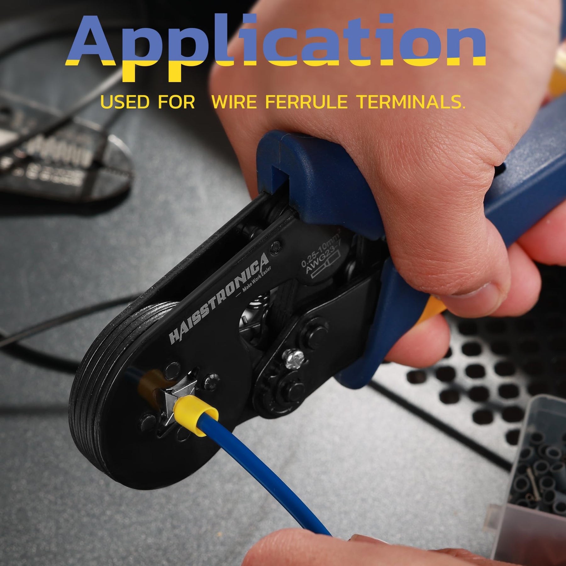Haisstronica ferrule crimper designed for precise crimping of wire terminals in electrical panels or machinery installations.