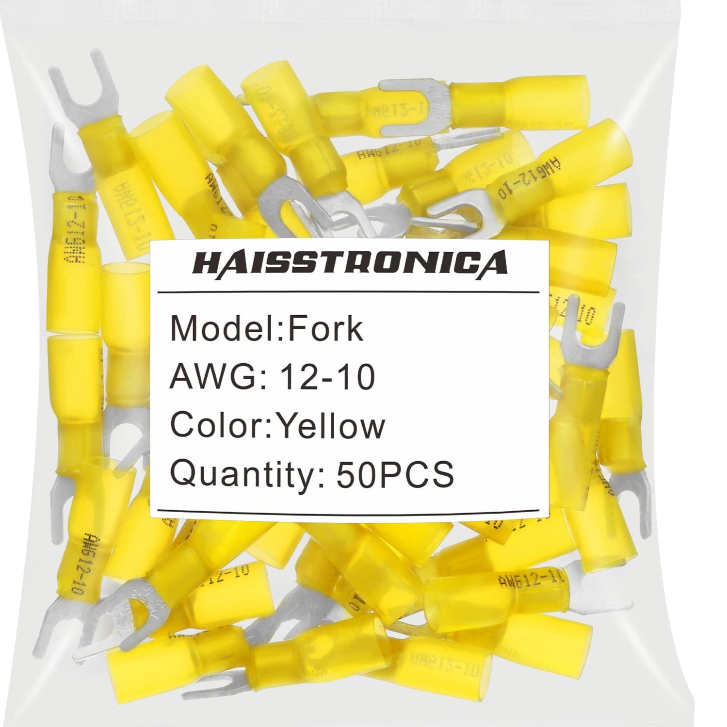 Haisstronica shrink wrap wire connectors, 50PCS yellow fork terminals for AWG 12-10 cables.