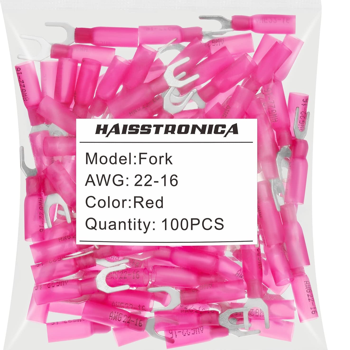 Haisstronica heat shrink crimp connectors, Fork model, red, 100PCS for AWG 22-16 wires.
