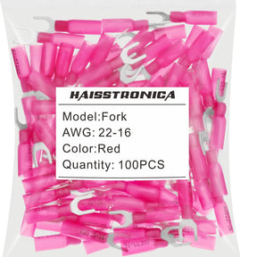 Haisstronica heat shrink crimp connectors, Fork model, red, 100PCS for AWG 22-16 wires.