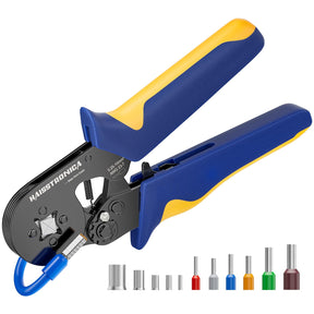 HAISSTRONICA Wire Ferrule Crimping Tool - Black body, blue/yellow handles, AWG 23-7 with multicolor ferrules.