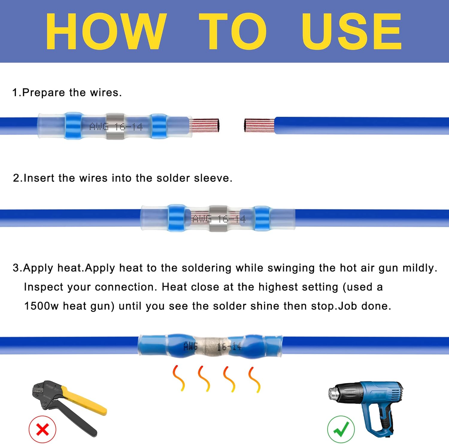 Haisstronica shrink wrap wire connectors: step-by-step soldering and heat-shrinking for AWG 15-14 wires.