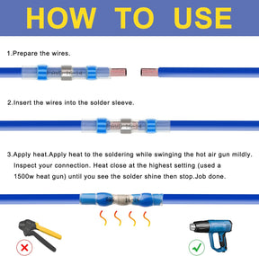 Haisstronica shrink wrap wire connectors: step-by-step soldering and heat-shrinking for AWG 15-14 wires.