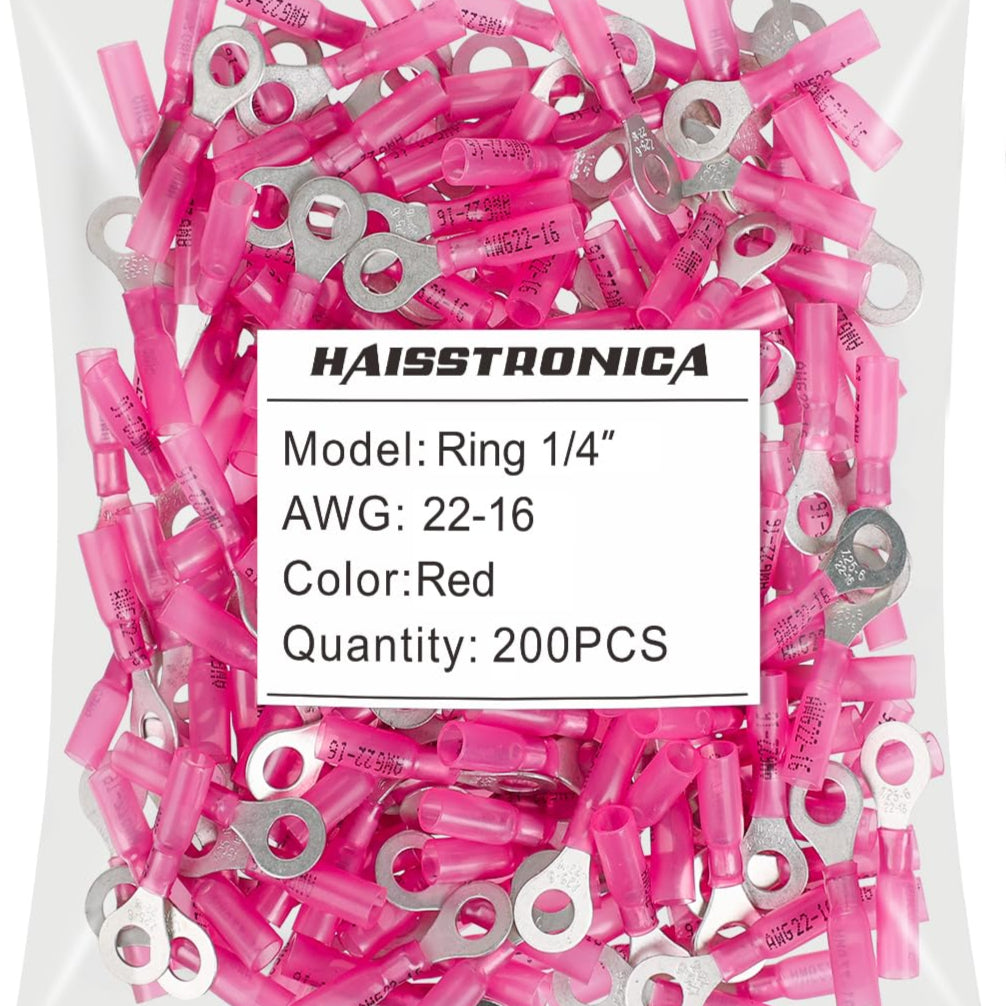 Haisstronica heat shrink ring terminal connectors (1/4", Red, 22-16AWG, 200PCS) for secure electrical and marine wiring.