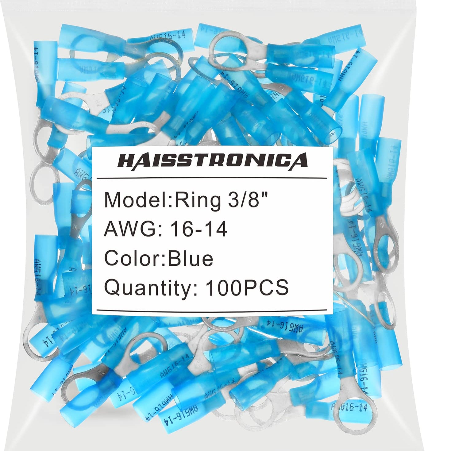 Haisstronica heat shrink ring terminal connectors (3/8", Blue, 16-14AWG, 100PCS) for marine and automotive corrosion-resistant wiring.