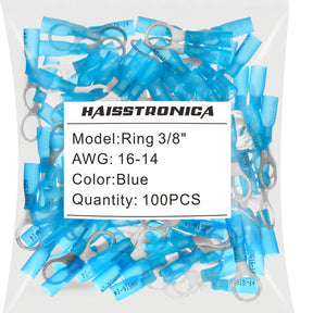 Haisstronica heat shrink ring terminal connectors (3/8", Blue, 16-14AWG, 100PCS) for marine and automotive corrosion-resistant wiring.