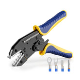 HAISSTRONICA AWG 22-6 Ratchet Wire Crimper - Black handle, textured grip, toothed design with ring/U-shaped metal terminals. Technical electrical tool