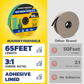 Haisstronica heat shrink tubing with adhesive (3/4", green, 65ft) – flame-resistant, 3:1 ratio, and waterproof.