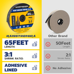 Haisstronica black heat shrink tubing (3/4", 65ft) – 3:1 dual-wall, waterproof, and chemical-resistant for industrial use.