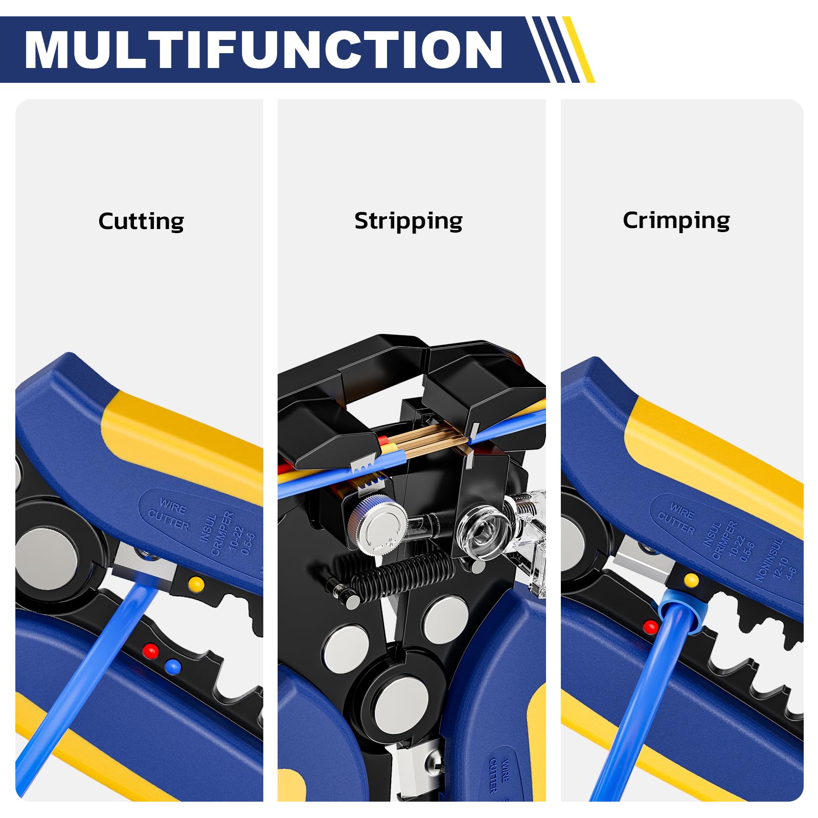Multifunction Haisstronica tool: blue/yellow stripping jaws, lever pressure mechanism, insulated wire demo, crimping/cutting functions.
