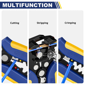 Multifunction Haisstronica tool: blue/yellow stripping jaws, lever pressure mechanism, insulated wire demo, crimping/cutting functions.