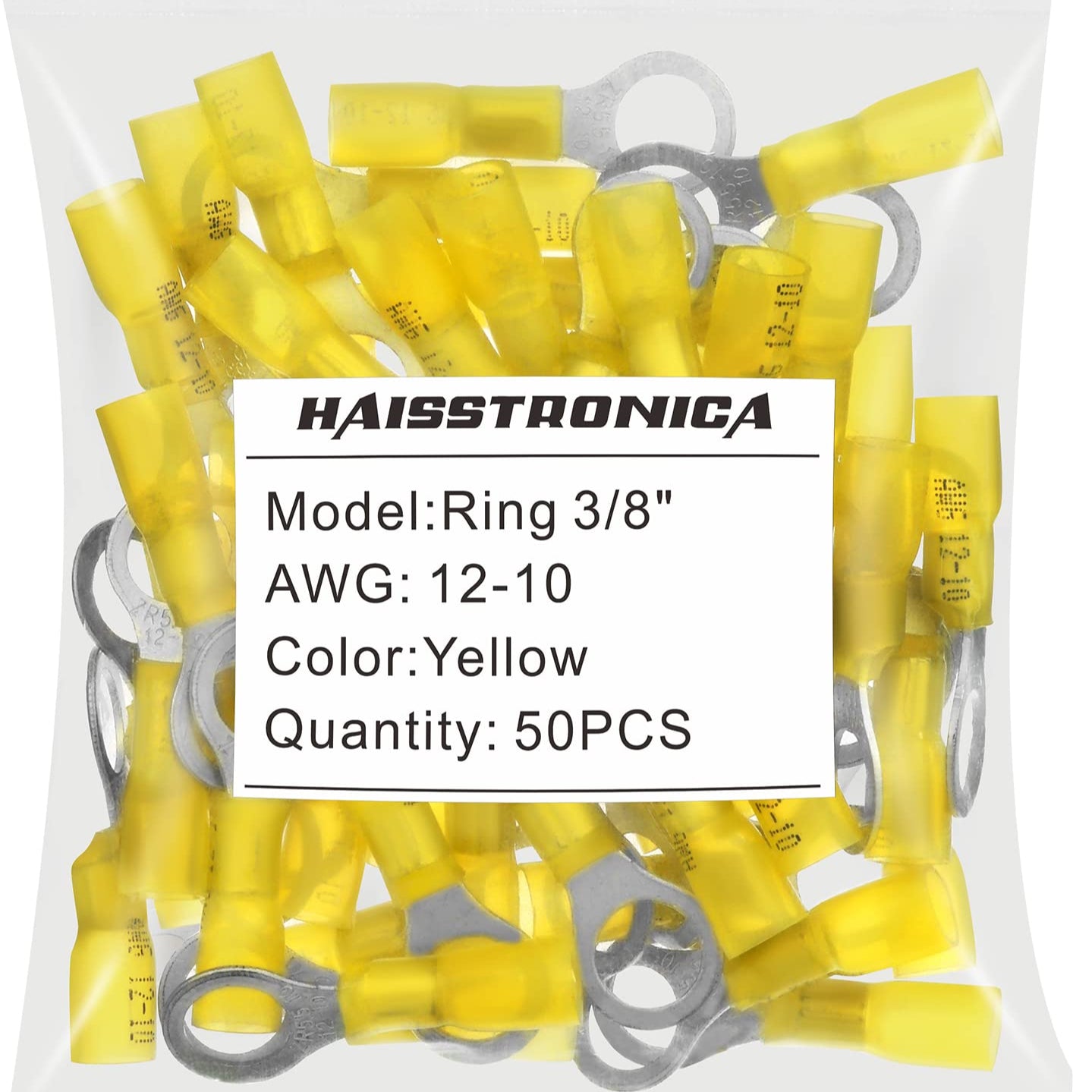 Compact Haisstronica heat shrink crimp terminals (3/8", Yellow, 12-10AWG, 50PCS) for low-voltage setups.