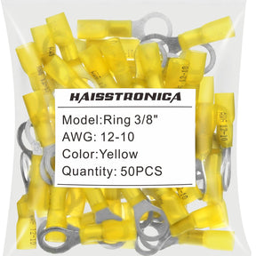 Compact Haisstronica heat shrink crimp terminals (3/8", Yellow, 12-10AWG, 50PCS) for low-voltage setups.