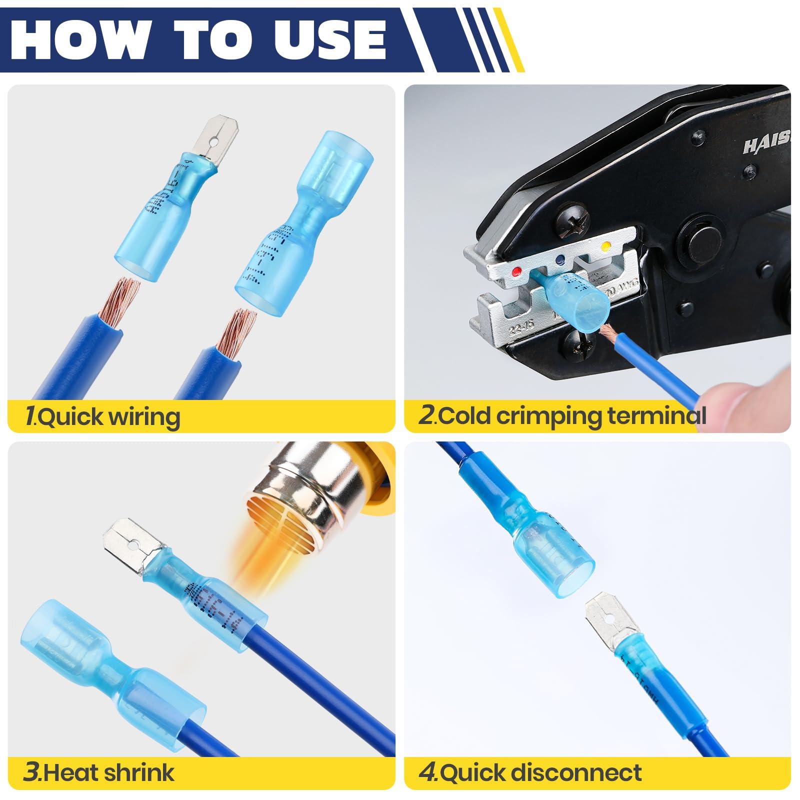 Haisstronica heat shrink spade connectors with cold crimping and quick-disconnect functionality for efficient wiring.
