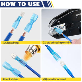 Haisstronica heat shrink spade connectors with cold crimping and quick-disconnect functionality for efficient wiring.
