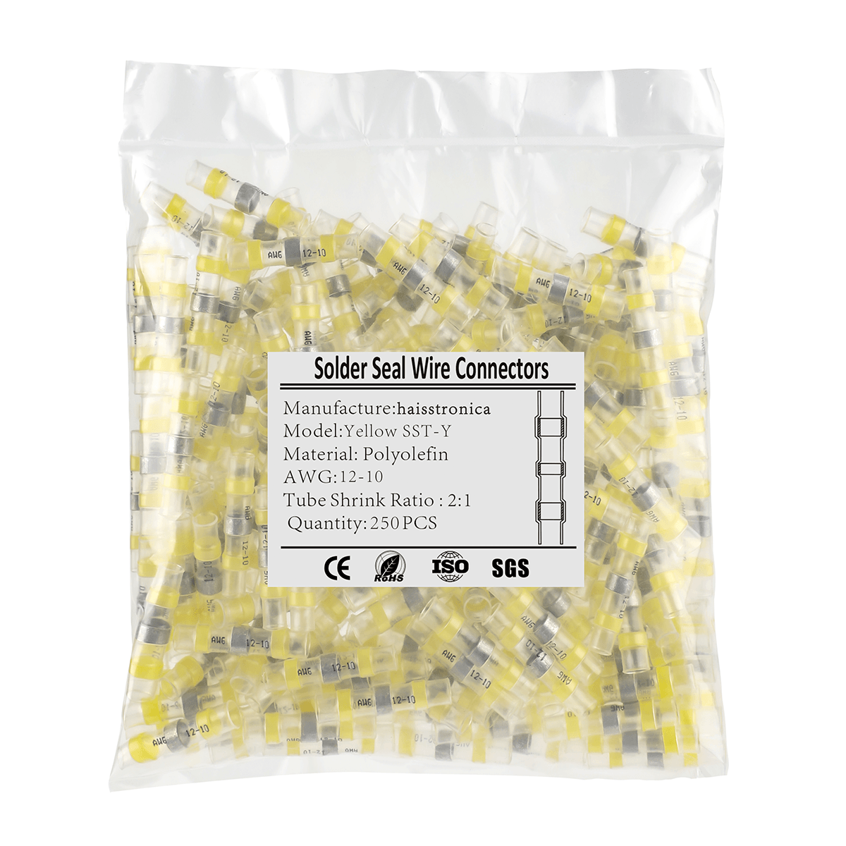 Heat shrink butt connectors - HAISSTRONICA Yellow SST-Y, AWG 12-10, 250pcs. CE/RoHS compliant.