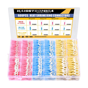 Haisstronica heat shrink marine electrical connectors kit (color-coded rings) for 12-22AWG wires, 3:1 shrink ratio.