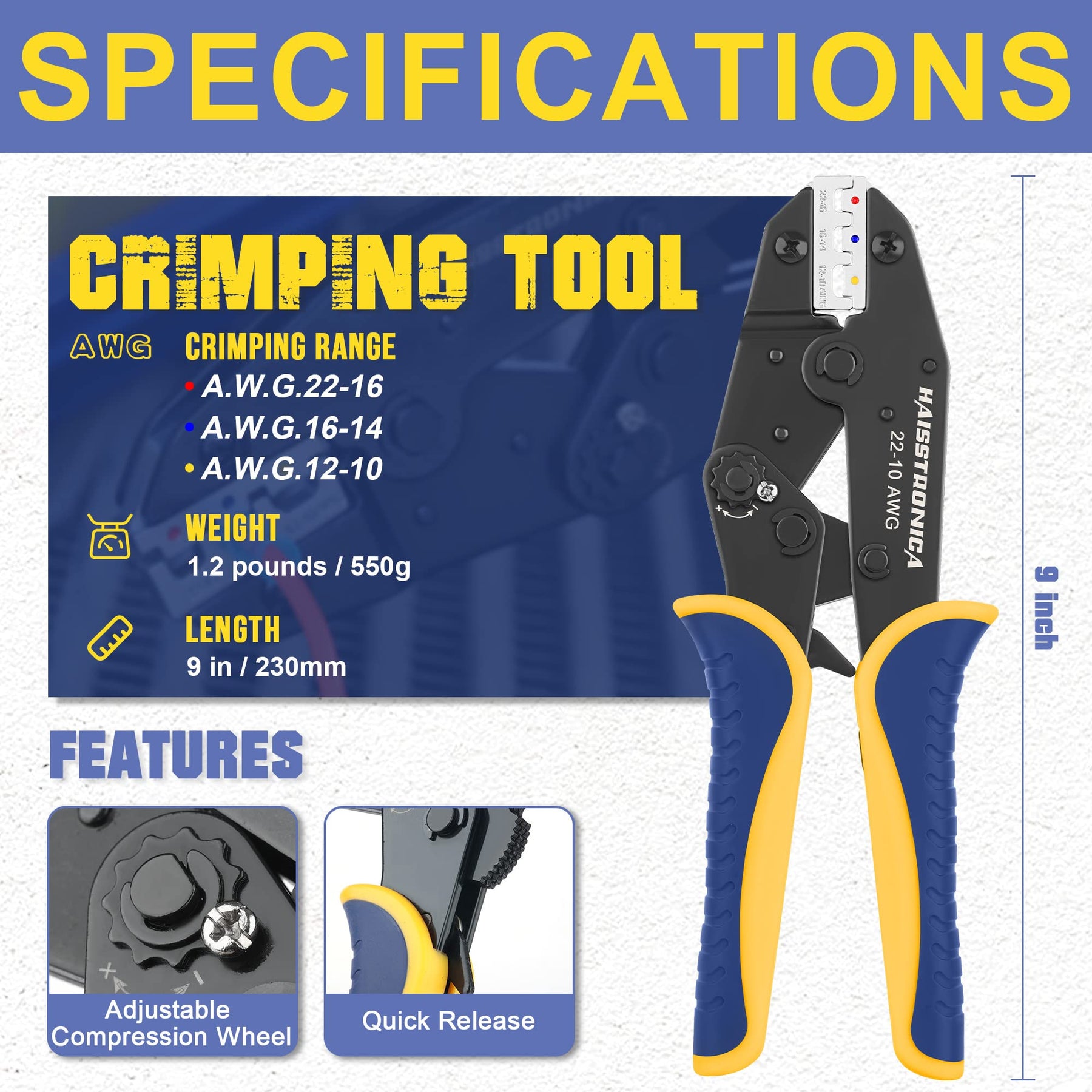 Haisstronica Crimping Tool specs: AWG 18-16,14-12-10,20". Features: adjustable wheel, quick-release. Blue/yellow design.