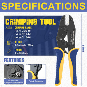 Haisstronica Crimping Tool specs: AWG 18-16,14-12-10,20". Features: adjustable wheel, quick-release. Blue/yellow design.
