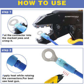 Haisstronica heat shrink ring connectors (22-16AWG) with rotation-friendly heat application for stable connections.