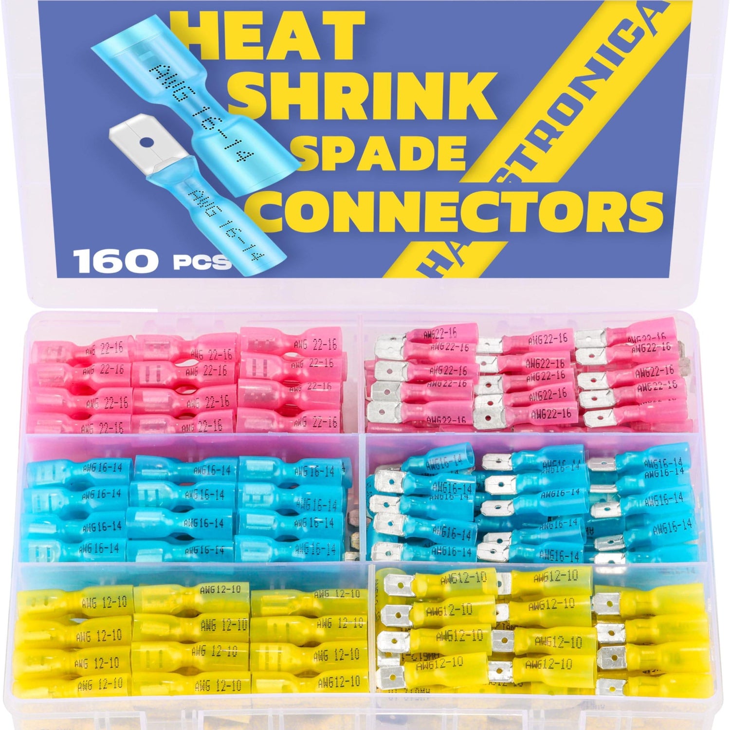 Haisstronica heat shrink crimp terminals (160pcs) with spade connectors, compatible with 22-16AWG wires for versatile applications.