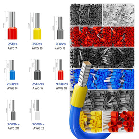Haisstronica cable ferrule crimper kit: 250PCS ferrules (AWG 7-22) in 8-25mm sizes for multi-gauge industrial cable terminations.