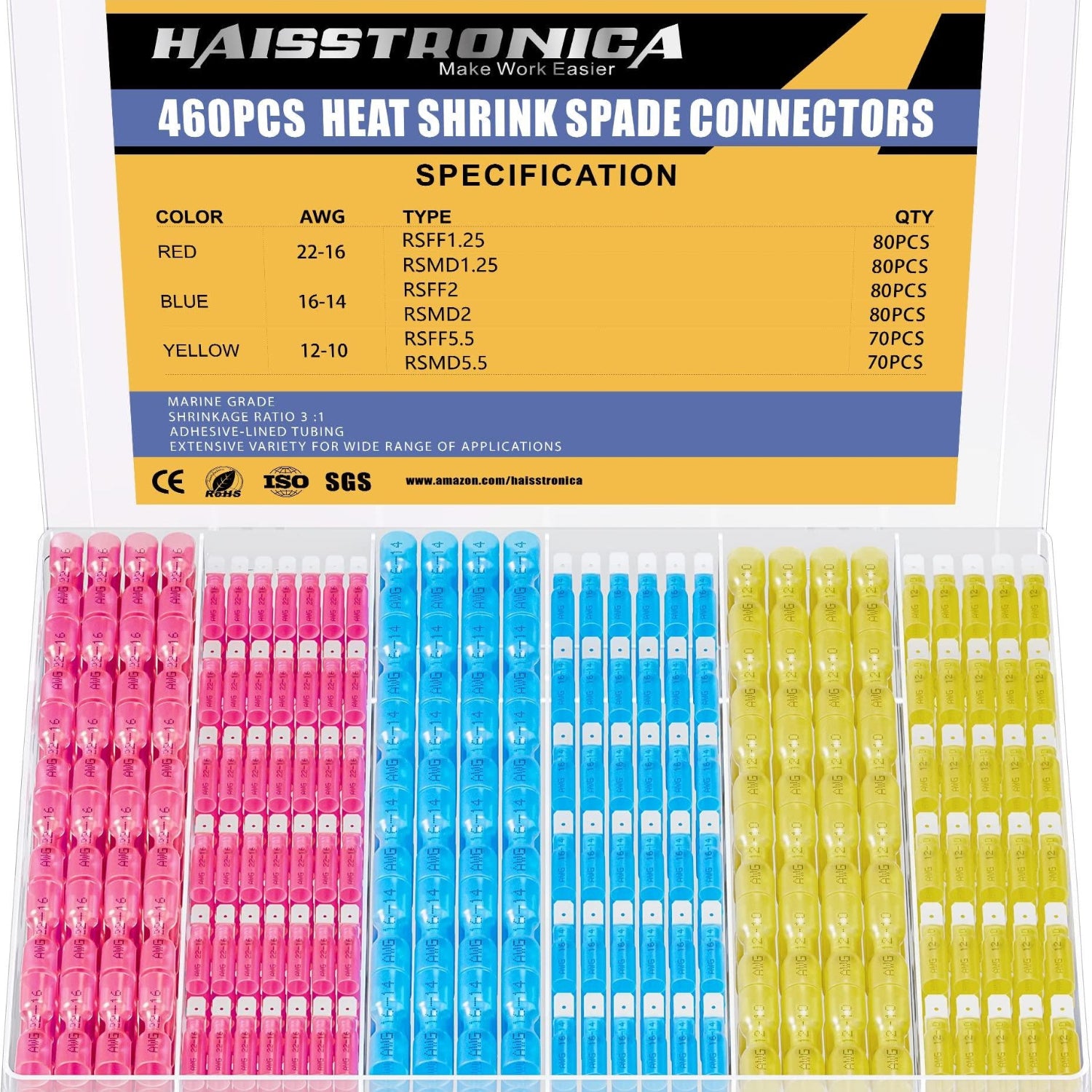 Haisstronica marine heat shrink connectors (460pcs), multi-size spades for 22-10AWG wires, corrosion-resistant and waterproof.
