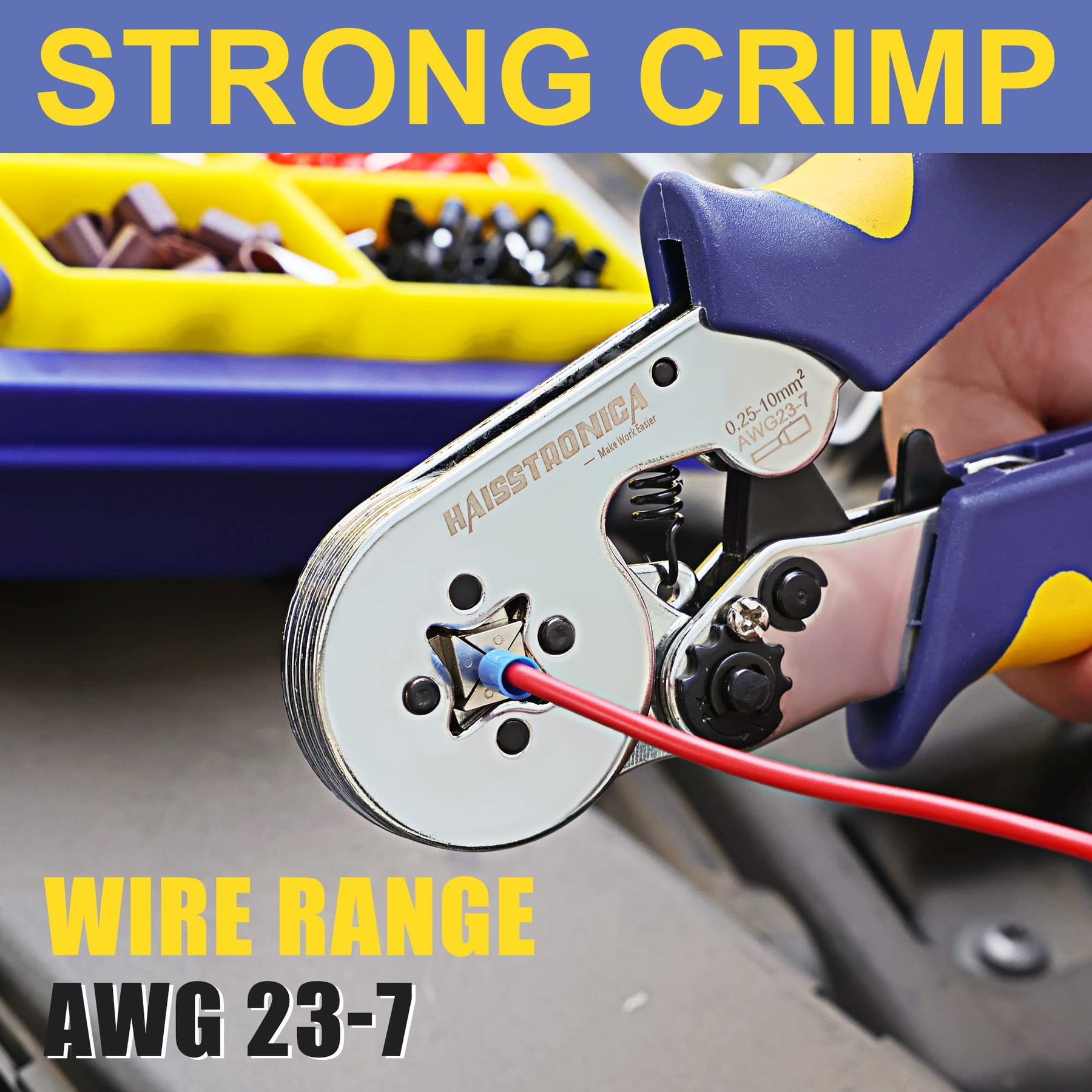 Haisstronica crimp tool for ferrules, compatible with AWG 23-7 wires, ensures strong, reliable electrical joints.