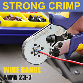 Haisstronica crimp tool for ferrules, compatible with AWG 23-7 wires, ensures strong, reliable electrical joints.