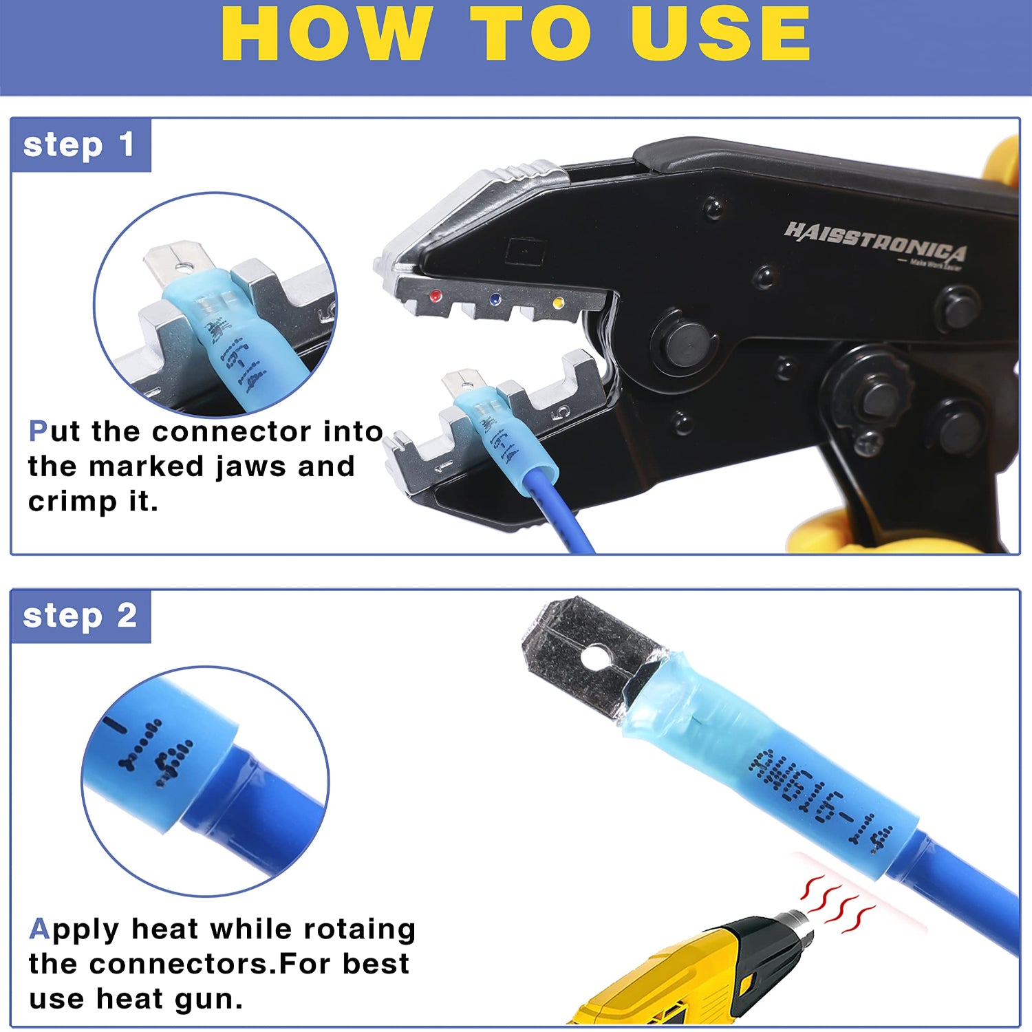 Haisstronica heat shrink crimp connectors: step-by-step crimping and heat-shrink instructions.