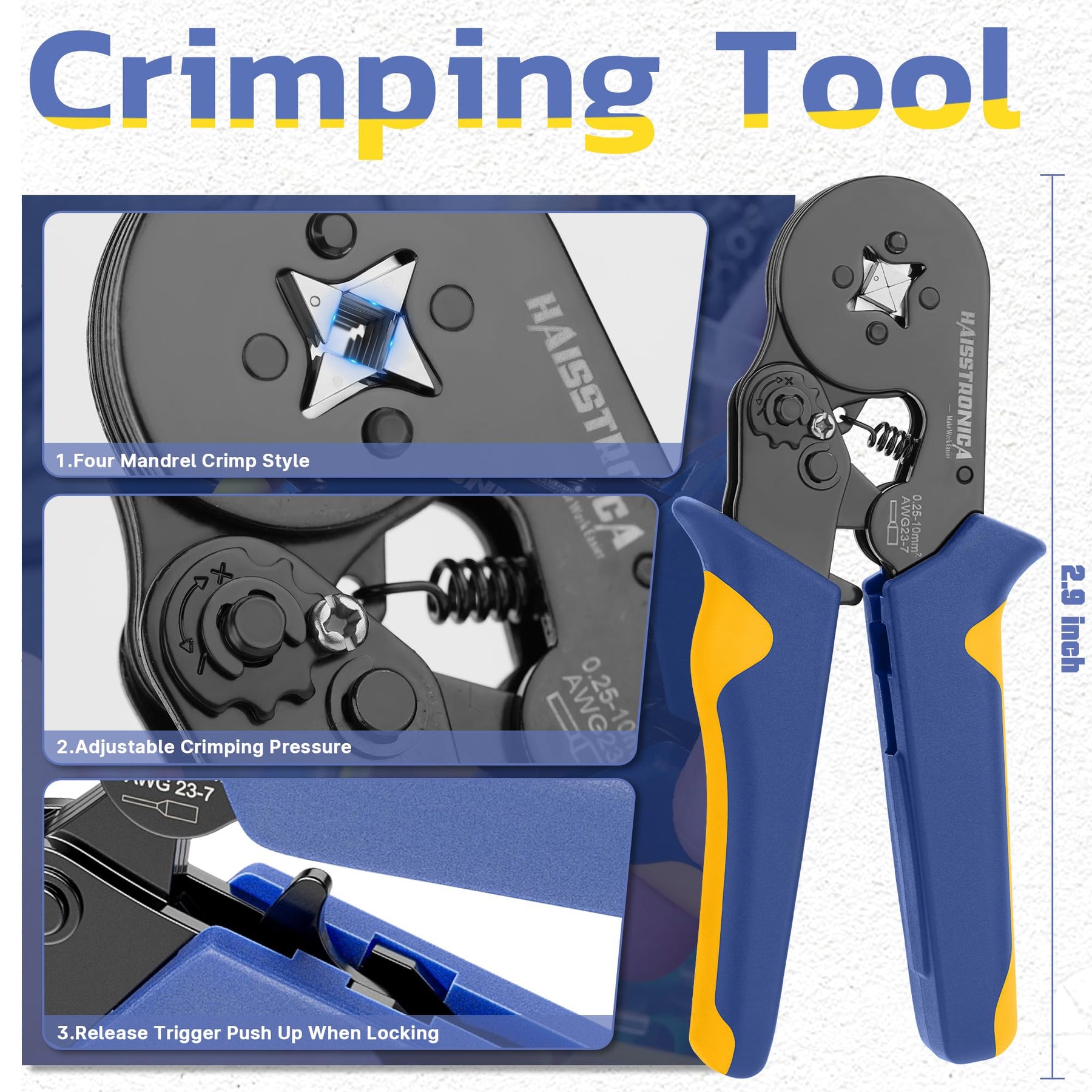 Haisstronica wire ferrule crimping tool with four mandrel styles, adjustable pressure, and quick-release trigger for versatile use.