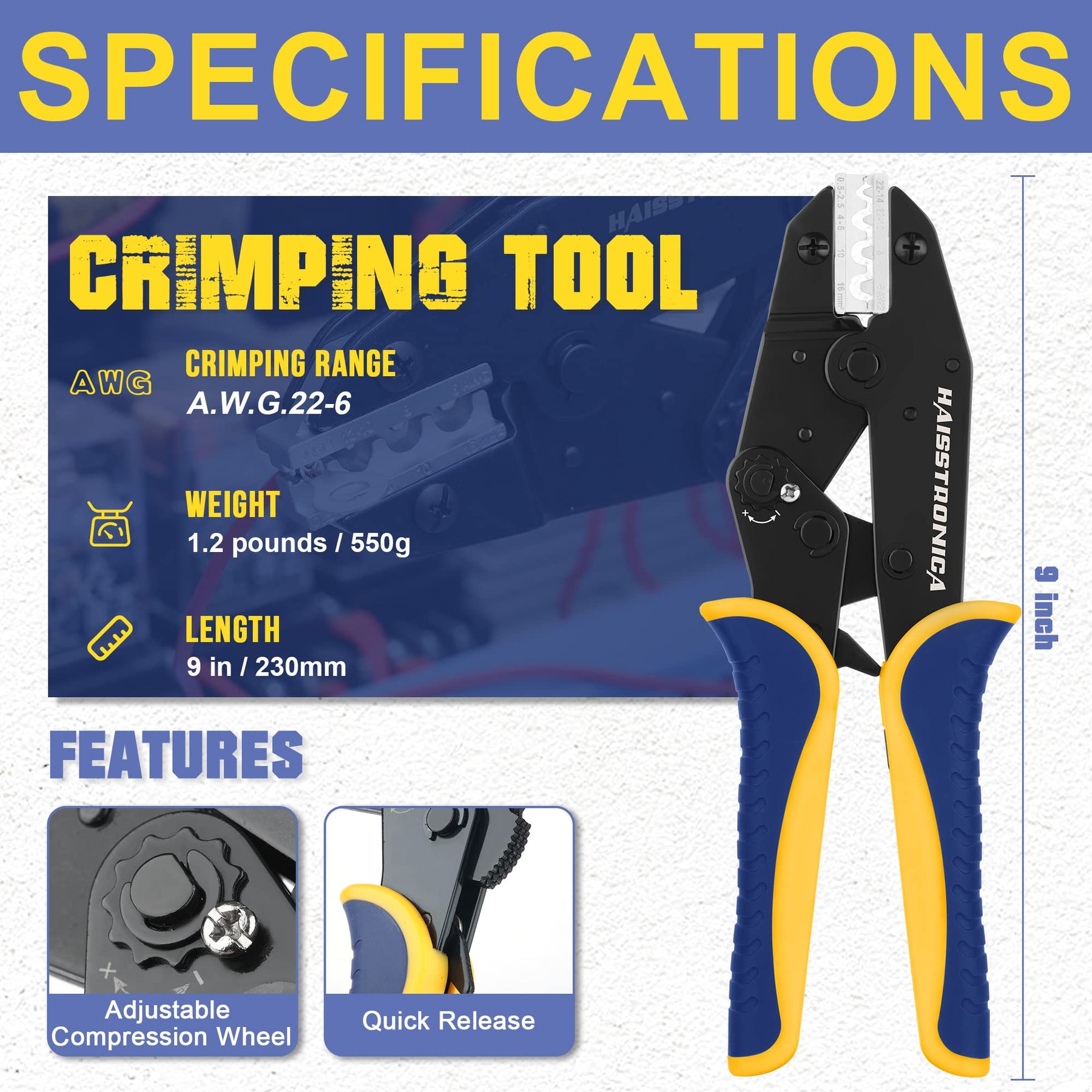 HAISSTRONICA AWG 22-6 Ratchet Wire Crimper - Black/yellow handle, adjustable compression wheel, quick-release. Technical tool for non-insulated terminals