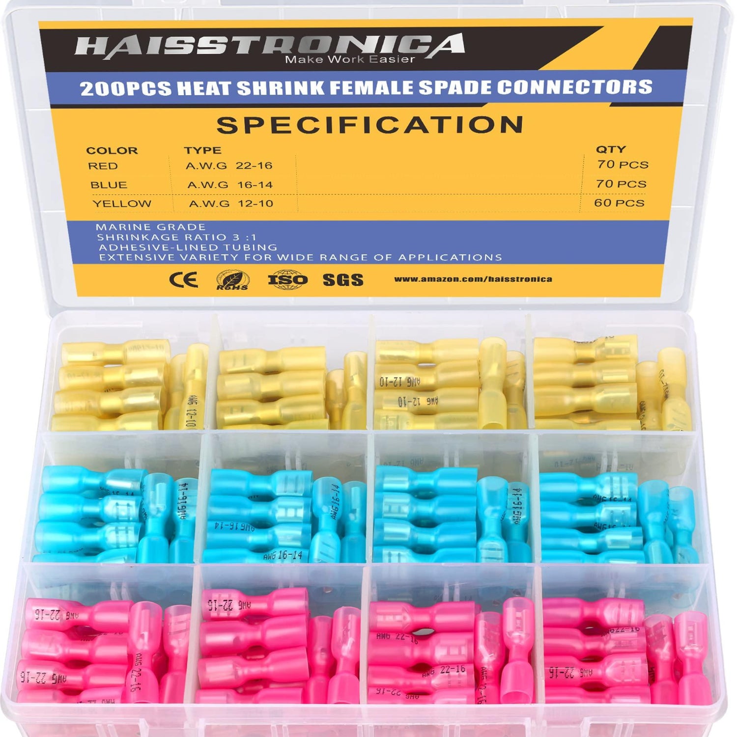 Haisstronica female heat shrink female spade connectors (200pcs), 3:1 shrink ratio, marine-grade adhesive-lined tubing for secure connections.