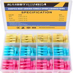 Haisstronica female heat shrink female spade connectors (200pcs), 3:1 shrink ratio, marine-grade adhesive-lined tubing for secure connections.