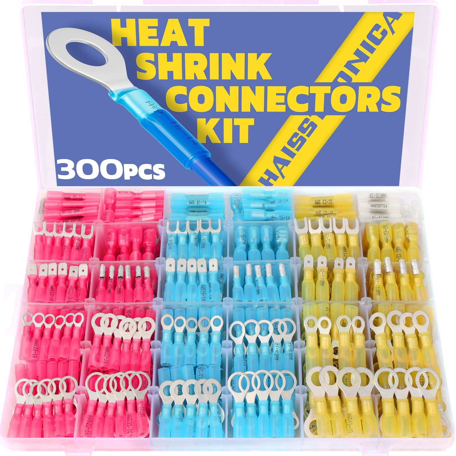 Haisstronica waterproof heat shrink connectors kit (300pcs), adhesive-lined tubing for durable, weatherproof wire joints.