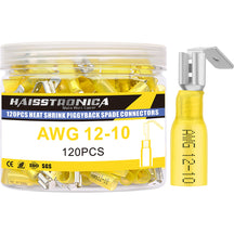 Haisstronica heat shrink spade connectors (120pcs) for 12-10AWG wires, designed for secure piggyback connections.