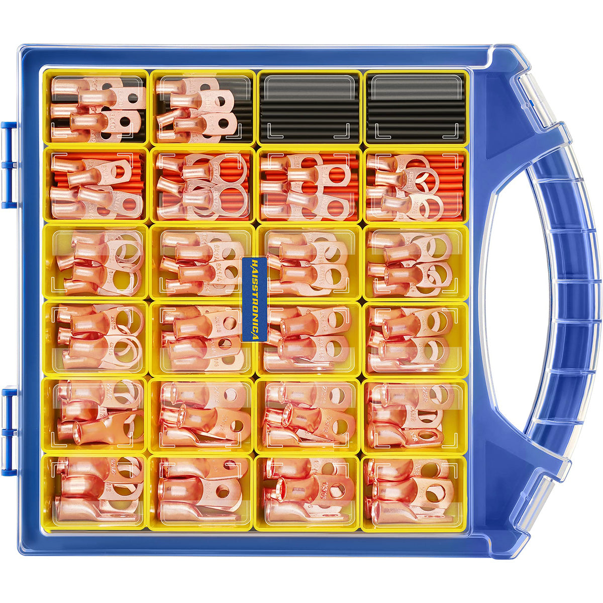 Haisstronica storage case filled with various copper wire connectors. It's an organized collection ideal for electrical work, containing multiple sets of these essential components.
