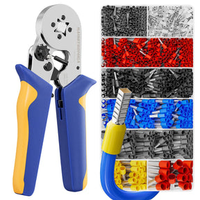 Haisstronica cable ferrule crimper, AWG 23-7, 0.25-10mm, 6-color ferrule set (black/white/red), ergonomic blue/yellow handles.