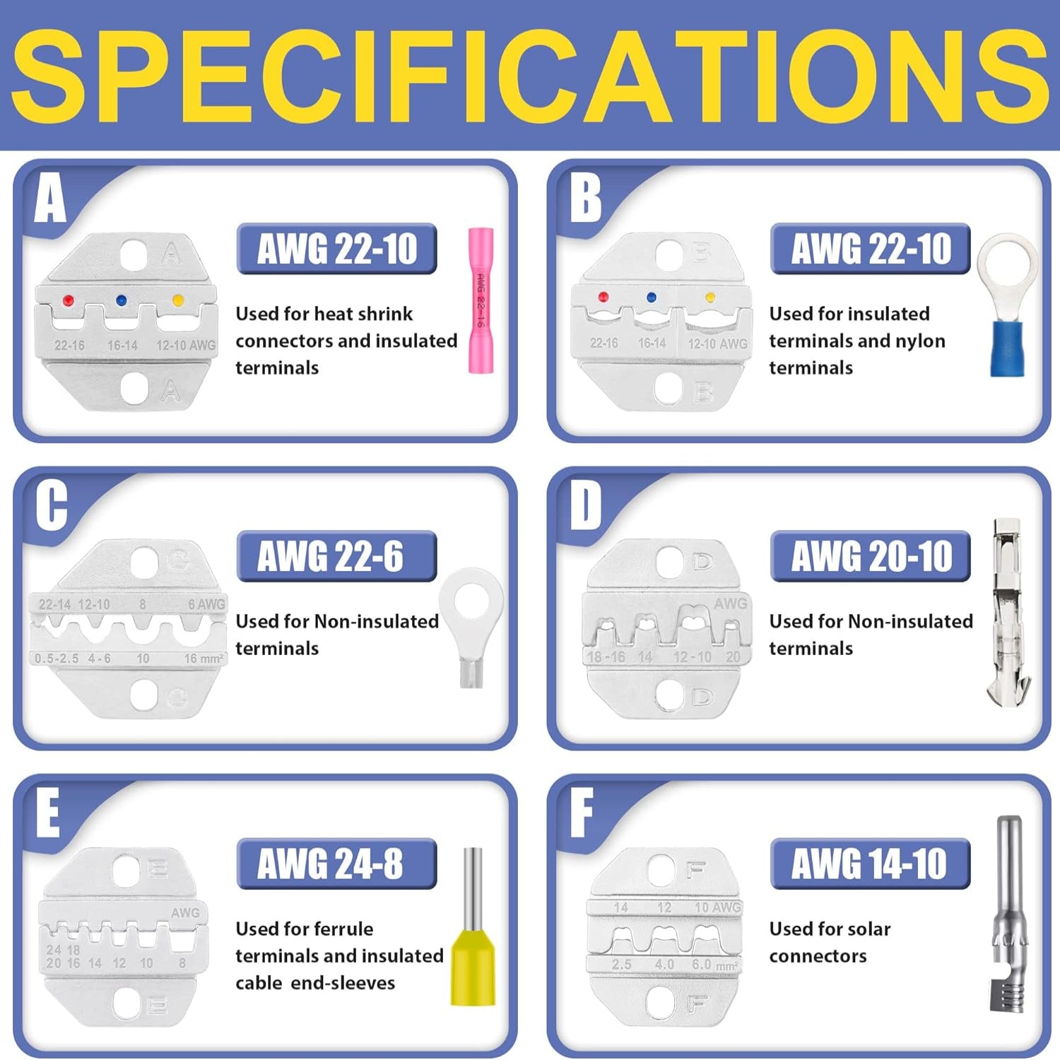 Haisstronica crimp terminal kit for solar/industrial use: AWG 24-6 heat shrink connectors, insulated terminals, and ferrule sleeves.